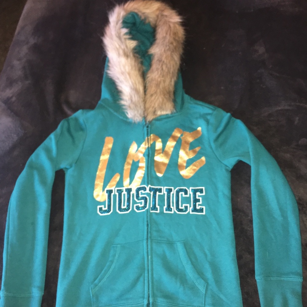 JUSTICE - FUR HOODIE - TEAL ZIP UP SWEATER - 8